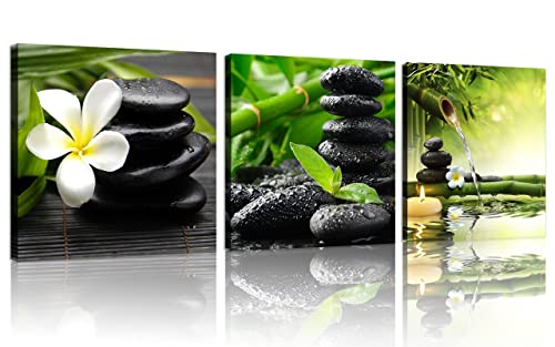 TutuBeer 3 Panel Zen Canvas Wall Art Still Life SPA Stone Green Bamboo White Frangipani Flower Pictures Prints on Canvas for Home Office Kitchen Wall Decor Stretched and Framed Each Panel 12x12inch - color: Still Life Spa Stone, size: 12x12inchx3