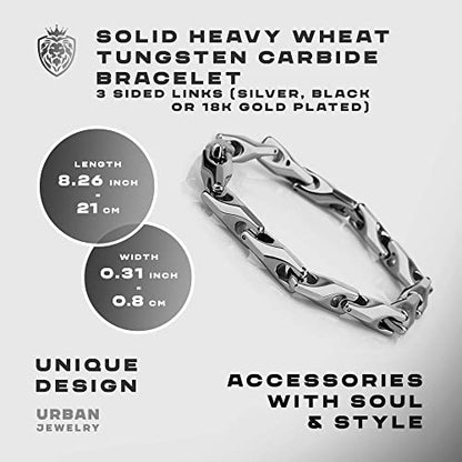 Urban Jewelry Men’s Wheat Link Bracelet Collection – Tungsten Carbide Base, 3-Sided Links, 8.3 Inch, Black, Silver & 24K Gold Plated Variations, Scratch-Resistant, Gift Box - color: Silver Plated over Tungsten Bracelet