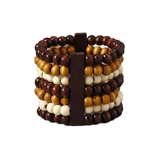 COLORFUL BLING Handmade Natural Wooden Beads Cuff Bracelet Woven Chunky Geometric Bangle for Women Summer Beach Boho Jewelry - color: mix round