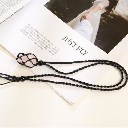 Natural unprocessed crystal raw stone hand woven rope adjustable necklace pendant for both men and women - color: A-Rose Quartz 1