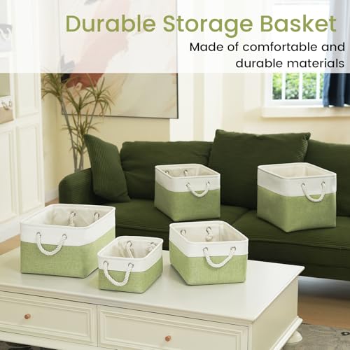 Large Storage Baskets- 15x11x10 inch Storage Bins for Shelves and Closet Organizing, Foldable Fabric Bin for Home Organization Clothes and Laundry (1-Pack, White&Green)