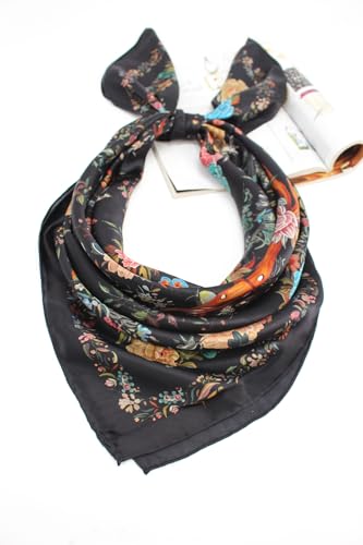 ANDANTINO 100% Silk Scarf 43" Large Square Lightweight Headscarf& Shawl–Women Hair Wraps-With Gift Packed - color: Floral-black