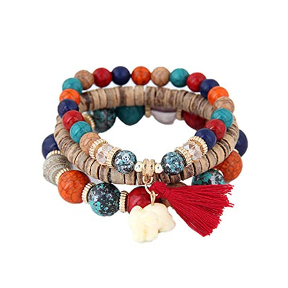 Bohemian Stackable Wood Wooden Beads Elephant Charm Tassel Stretchy Bracelet Set for Women Men Multilayered Multicolor Acrylic Resin Seeds Bracelet Ethnic Jewelry Gift - color: C red