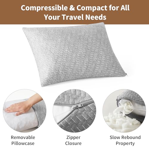 Camping Pillow Shredded Memory Foam Pillow, Compressible Travel Pillow Breathable Cover, Ideal Backpacking Airplane Hiking - color: Light Gray, size: S-16 X 12 Inch