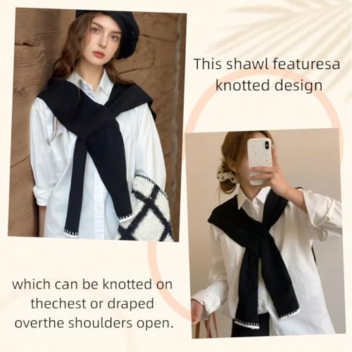 Sweater Shawl Wraps for Women Fashion Knitted Shoulder Shawls Ponchos Casual Sweaters Scarf Cape Wraps with Sleeves - color: 08 Black/White Trim