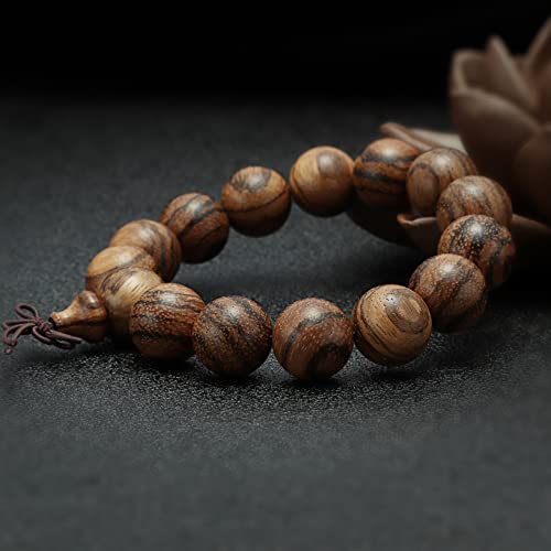 15mm Wooden Bead Bracelet, Buddhist Prayer Bead Bracelet, Handmade Wooden Bead Bracelet, Tiger Skin Sandalwood Bead Bracelet, 15 Bead Hand Served Bead Bracelet for Women Men
