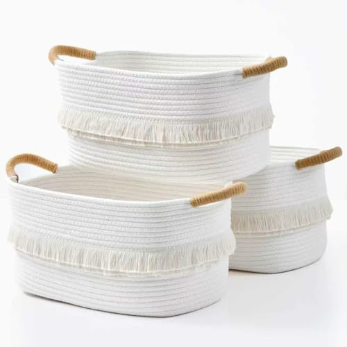 Woven Baskets, 3-Pack Storage Basket for Living Room, Bedroom, Nursery, Stylish Gift Basket with Handles, Cotton Rope Basket for Toys and Shelves, Multi-Purpose Organizer, White - color: White
