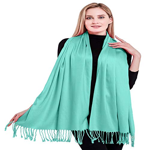 CJ Apparel Solid Color Tassels Design Nepalese Shawl Scarf Wrap Stole Throw Head Wrap Pashmina Gift Hand Made in Nepal New - color: Cyan