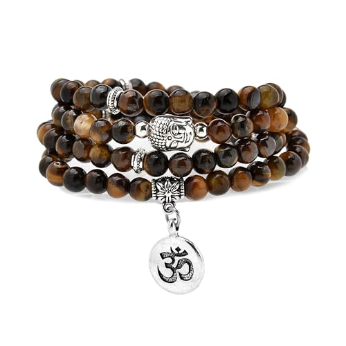 Japa Mala Beads 108 Bracelet, Buddha Charm Necklace with OM Yoga Symbol Charm for Men or Women - style: Brown Tiger Eye