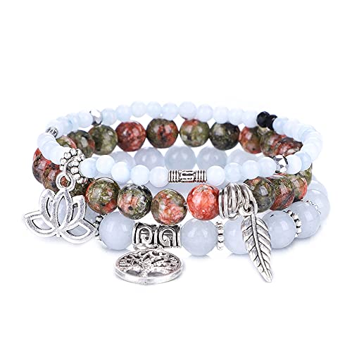 Tree of Life Yoga Healing Stone Bracelets,Multilayer Lotus Chakra Stone Reiki Bracelet Sets,Anxiety Crystal Natural Stone,for Women Stress Relief - style: Aquamarine + Flower Green