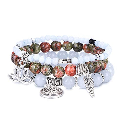 Tree of Life Yoga Healing Stone Bracelets,Multilayer Lotus Chakra Stone Reiki Bracelet Sets,Anxiety Crystal Natural Stone,for Women Stress Relief - style: Aquamarine + Flower Green