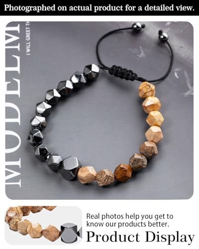 Beaded Bracelet for Men, 10mm Natural Stones Bracelet for Men's Gift, Adjustable Precision-Cut Gemstone Crystal Healing Bracelet, Protection Jewelry Gift with Hematite, Tiger Eye - style: Picture Stone & Hematite