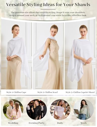 Chiffon Cape Shawl Wrap Scarf 3 Ways to Wear Elegant Sheer Capelet for Evening Dresses Weddings Parties - color: White