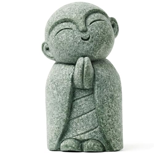 Jizo Statue, Little Monk Buddha Figurines for Zen Garden and Aquarium, Natural Sandstone Sculpture with Tilt Smile, Meditation Decor for Home Office Desk, Grey (Jizo Monk) - color: Jizo Monk