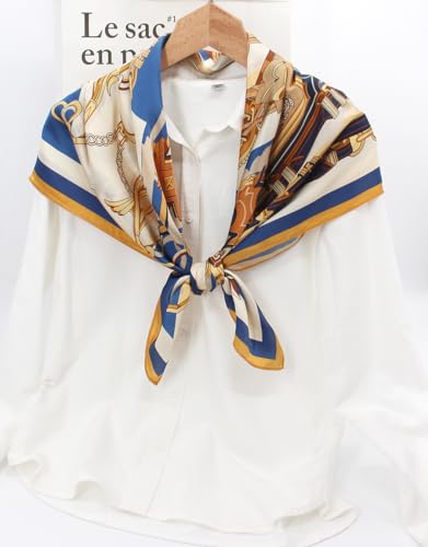 100% Pure Mulberry Silk Scarf 35" Large Square Lightweight Headscarf –Women’s Hair Wraps-With Gift Packed - color: Gold&blue