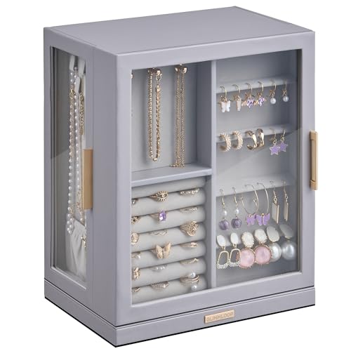 Glimmloop 360° Rotating Jewelry Box with 5 Drawers, Spacious Vertical Jewelry Organizer with Glass Window, Jewelry Storage Case, Dustproof & Moisture-resistant Design, Grey - color: Grey, size: 5 Drawers (6.2"D x 9.2"W x 11.4"H)