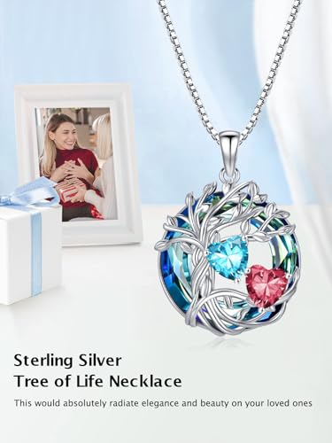 TOUPOP s925 Sterling Silver Family Celtic Tree of Life Pendant Necklaces with 2 Heart Birthstone with Blue Austrian Crystal Jewelry Birthday Valentines Day Gifts for Her, Anniversary Christmas Gifts for Wife Girlfriend Mom (18K Real White Gold Filled) - c
