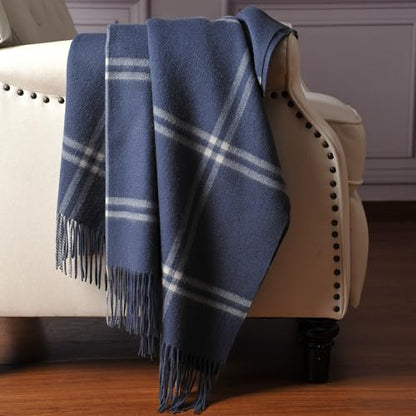 CUDDLE DREAMS Premium Cashmere Throw Blanket with Fringe, Luxuriously Soft (Plaid Blue) - color: Plaid Blue