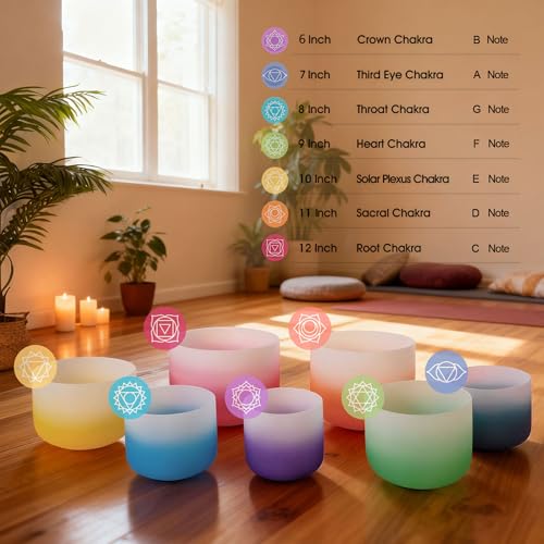 RYAN DVAN 432hz 6-12 Inch Set of 7 Pcs Gradient Design Quartz Crystal Singing Bowl Chakra Set Sound Therapy for Yoga, Reiki, Chakra Healing Energy Tuning & Mindfulness Kit