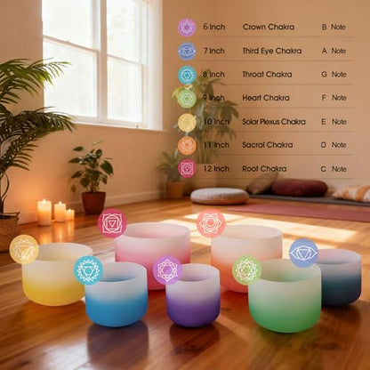 RYAN DVAN 432hz 6-12 Inch Set of 7 Pcs Gradient Design Quartz Crystal Singing Bowl Chakra Set Sound Therapy for Yoga, Reiki, Chakra Healing Energy Tuning & Mindfulness Kit