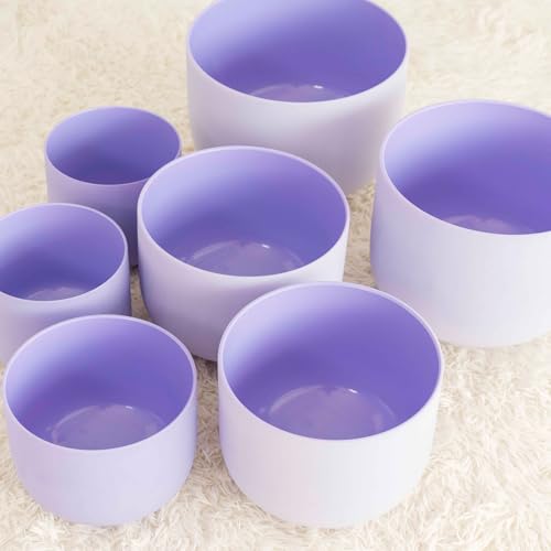 Hye-eun 432hz Purple Crystal Singing Bowls Set of 7Pcs Quartz Frosted Sound Chakra Bowls with Carrying Case for Yoga Meditation Healing Percussion Instruments - color: 7-12inch 432hz Purple 7pcs