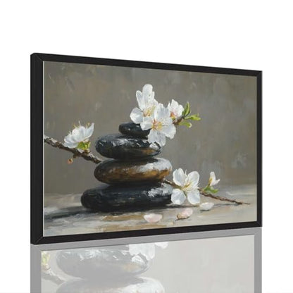 Framed Zen Stones and Blossoms Poster Canvas Print Art Minimalist Aesthetic Wall Art Pictures Wall Decor Art Print Exquisite Home Decor Living Room Bedroom Office (black frame,12" Lx16 W) - size: 12"Lx16"W