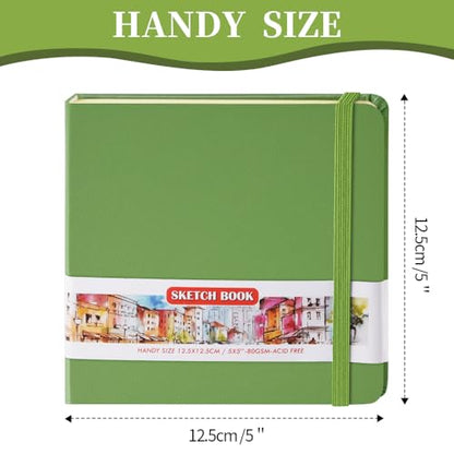 E-WEICHEN Square 5x5 inches 80gsm 96sheets/192 Pages Notebooks Blank Sketchbooks Travel Journal Pocket Hardcover Paint Writing Diary Memo Planner PU Leather Cover. Green - color: PU Cover-5x5in-Green