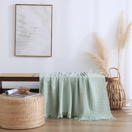 100% Cotton Muslin Throw Blanket for Bed, Couch, Small, Decorative, Soft, Pre-Washed, Breathable and Lightweight Gauze Blanket with Tassels, Sage Green, 50"x60" - color: Sage Green