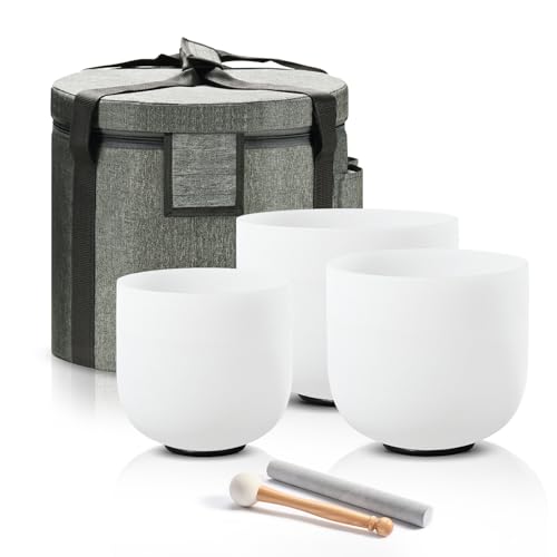 CVNC Crystal Sound Healing Bowl of 3, 7'' B Crown 8'' F Heart 9'' G Throat Crystal Singing Bowl Set, Chakra Quartz Sound Bowls with Carry Bags - size: 7 inch B, 8 inch F, 9 inch G