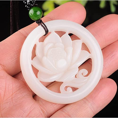 Meditation Necklace, White Jade Pendant Hollow Flower Necklace Jewellery Luck Amulet