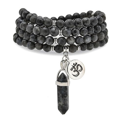 Natural Japa Mala 108 Beads Bracelet Necklace Meditation Accessories with om Chram and Reiki Quartz Hexagonal Prism Pendant - style: Labradorite