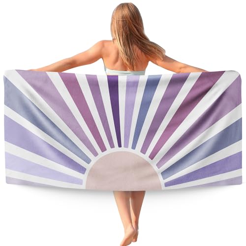 Boho Purple Sun Sunshine Beach Towel, Sunrise Sunset Microfiber Beach Towels Oversized 30x60 Inch for Bathroom, Boho Quick Dry Travel Sand Free Beach Towel Decor for Swimming Pool Camping - color: Purple