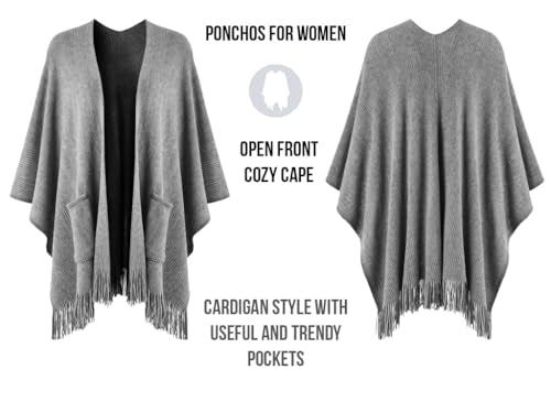 Ferand Shawl Wraps for Women, Cozy Lightweight Poncho Cape with Pockets, Warm for Fall Winter Travel - color: Grey