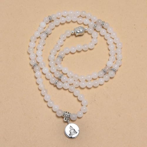 108 Mala Beads Bracelet/Necklace with Buddha Charm – Meditation Beads, Yoga Jewelry, Prayer Beads, Zen Necklace – Ideal Gift for Spiritual Practice - style: White Jade