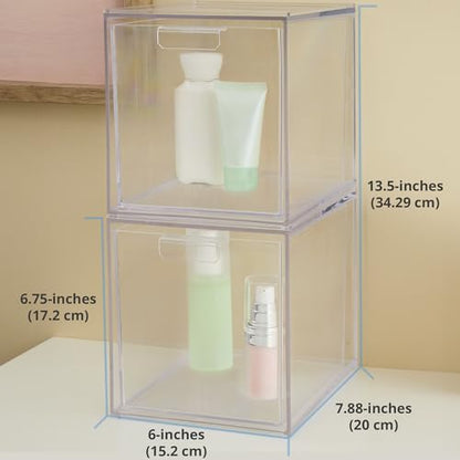 STORi Audrey Stackable Bin Clear Plastic Organizer Drawers | 2 Piece Set | Organize Cosmetics and Beauty Supplies on a Vanity | Made in USA - size: 6.75" Tall Set
