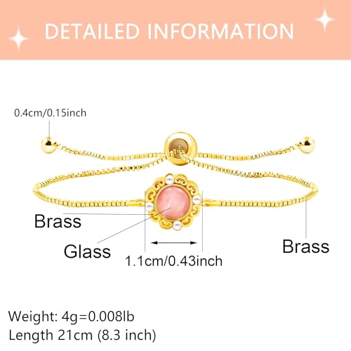 | Gold Brass Bracelet | Glass Floral Engraved Adjustable Chain | Elegant Positive Energy Charm | Everyday Wear Friendship Accessory - color: Pink