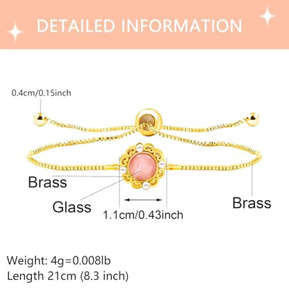 | Gold Brass Bracelet | Glass Floral Engraved Adjustable Chain | Elegant Positive Energy Charm | Everyday Wear Friendship Accessory - color: Pink
