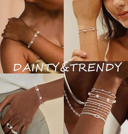KOHOTA Silver Gold Bracelets for Women Trendy 14K Gold Plated Bracelet for Women Non Tarnish Dainty Stackable Layered Chain Heart Pearl Knot Beaded Bracelets Stack Set Charm Mothers Day Jewelry Gifts - color: B.Pearl-silver