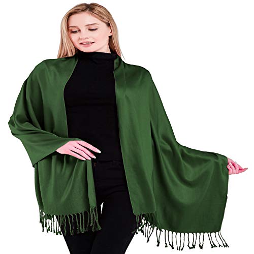CJ Apparel Solid Color Tassels Design Nepalese Shawl Scarf Wrap Stole Throw Head Wrap Pashmina Gift Hand Made in Nepal New - color: Dark Green Mix