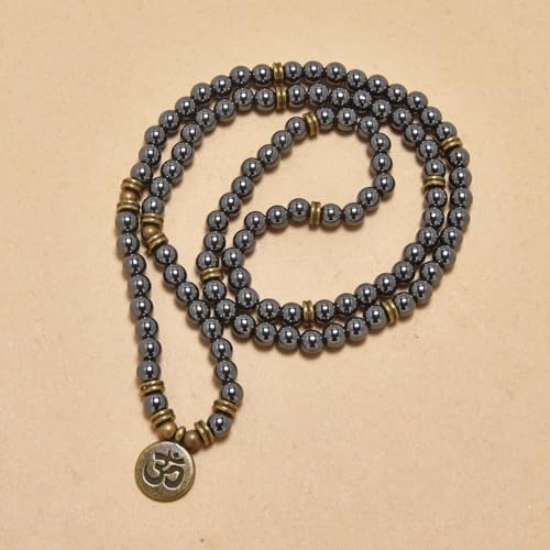 108 Mala Beads Bracelet with om Charm – Healing Stone Meditation Bracelet for Yoga & Prayer, 6mm Beads, Handmade, Gold-Plated OM Charm - style: Hematite