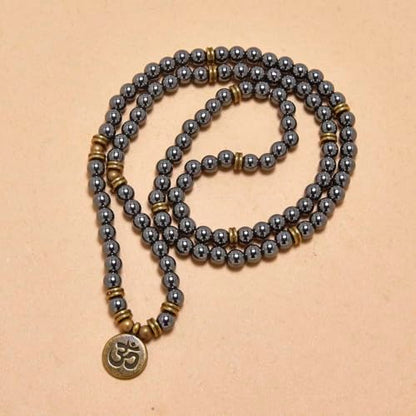 108 Mala Beads Bracelet with om Charm – Healing Stone Meditation Bracelet for Yoga & Prayer, 6mm Beads, Handmade, Gold-Plated OM Charm - style: Hematite