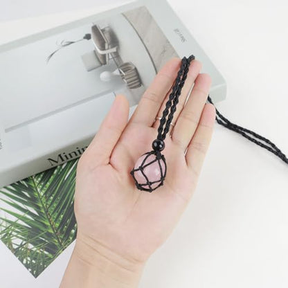 Natural unprocessed crystal raw stone hand woven rope adjustable necklace pendant for both men and women - color: A-Rose Quartz