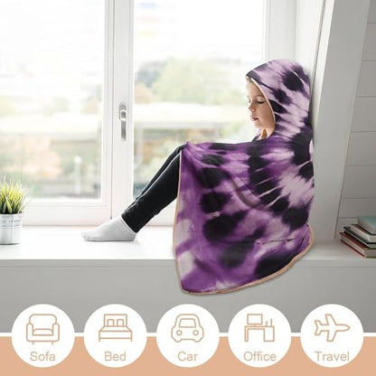 Purple Tie Dye Hooded Blanket, Soft Arctic Velvet Wearable Throw for All-Season, Bed, Sofa, Camping 60"x80"