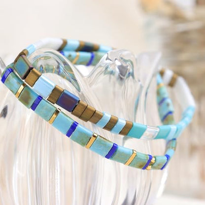Tila Flat Beaded Stretch Bracelets for Women, Trendy Unique Handmade Stackable Green Blue Square Beads Miyuk Link Bracelet Summer Jewelry Gift - color: Turquoise Blue Tan