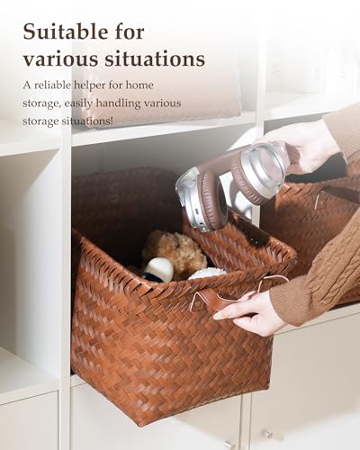 15x10x9 Woven Laundry Basket Hamper, Storage Basket for Clothes Blankets, 4-Pack Wicker Bin for Closet Shelves Bedroom Bathroom, Brown - size: 15x10.27x9.45 Inch