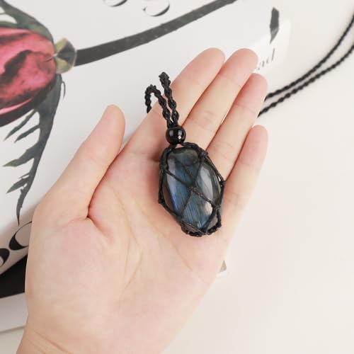 Natural unprocessed crystal raw stone hand woven rope adjustable necklace pendant for both men and women - color: A-Labradorite