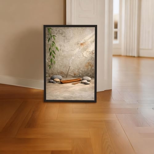 Framed Zen Incense and Stones Poster Canvas Print Art Rustic Minimalist Aesthetic Wall Art Painting Pictures Wall Decor Elegant Home Decor for Living Room Bedroom Office Decoration (Black framed,16L"X24W")