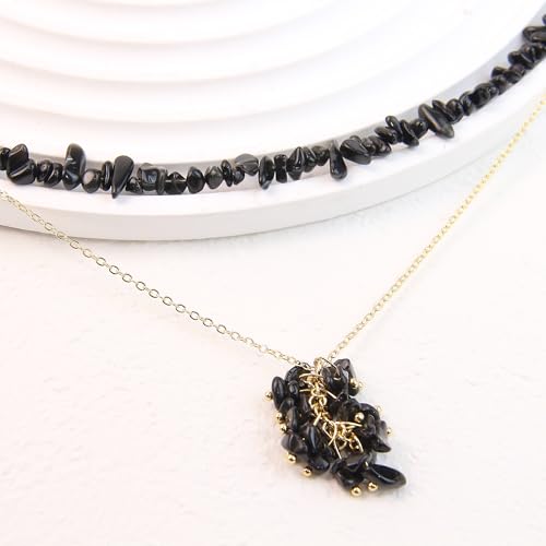 2Pcs Crystal Necklace for Women Handmade Choker Necklaces Pendant Necklace Natural Stone Gemstone Beaded Necklace 18k Gold Plated Adjustable Dainty Necklace for Women - color: Black Tourmaline