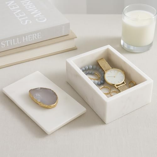 Marble Decorative Box for Home Decor – Jewelry Box with Lid and Gold Accent for Keepsakes – Ideal Home Organizer and Storage Box for Living Room, Bedroom, & Office Decor – 3" White & Gold