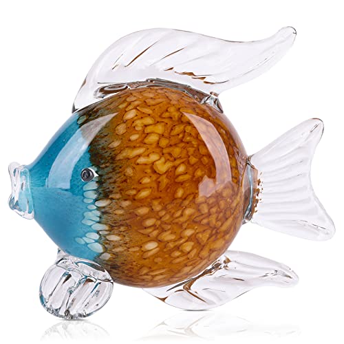 QIANLING Glass Fish Figurines - Coastal Home Decor, Modern Ocean Centerpieces for Living Room, Dining Area, Bathroom, Office, Coffee Table, Beach House, Nautical, Seaside, Entrance, Shelf Display - color: Blue & Brown Fish